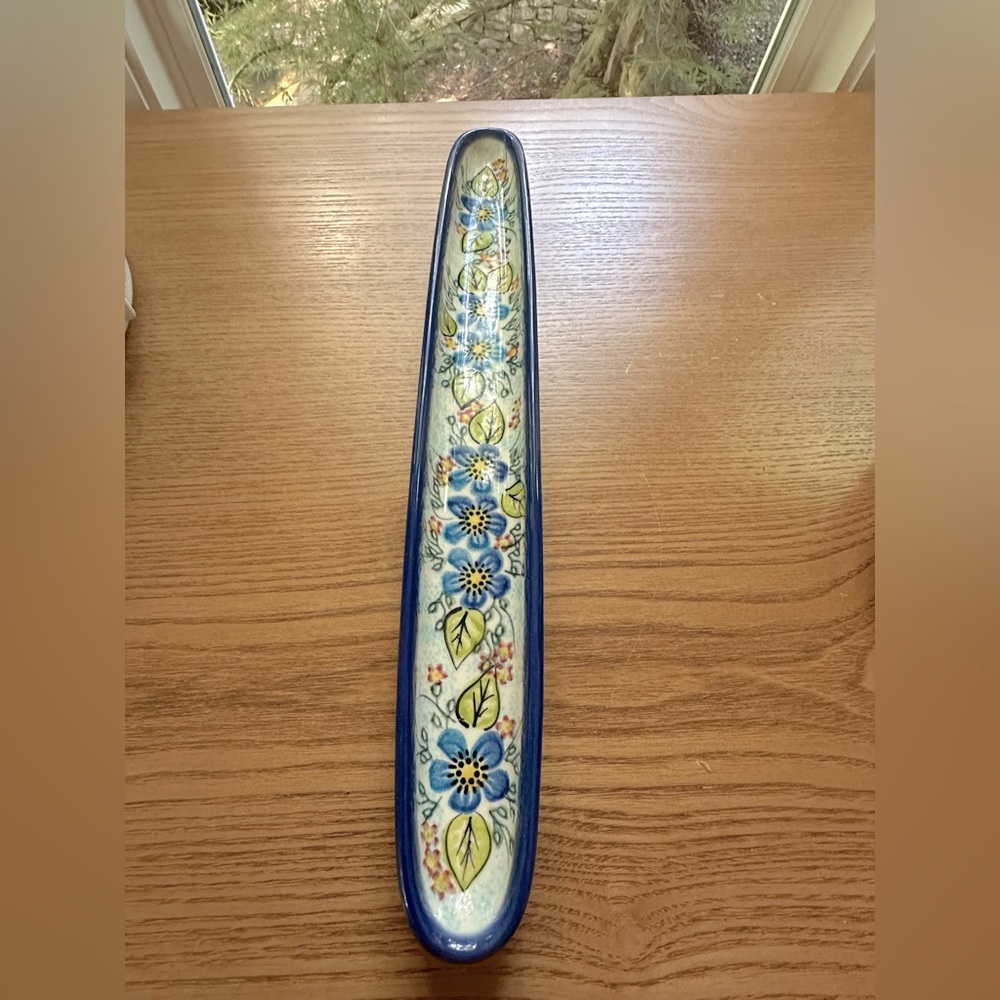 Gorgeous Hand Painted Polish Pottery Unikat 12” Olive Boat Signed NWOT
